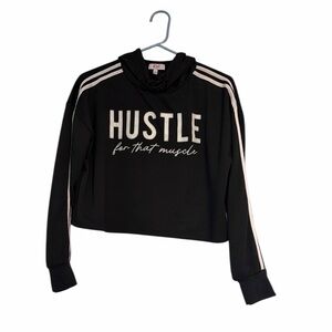 Women’s HUSTLE for that muscle black cropped hoodie with white stripes